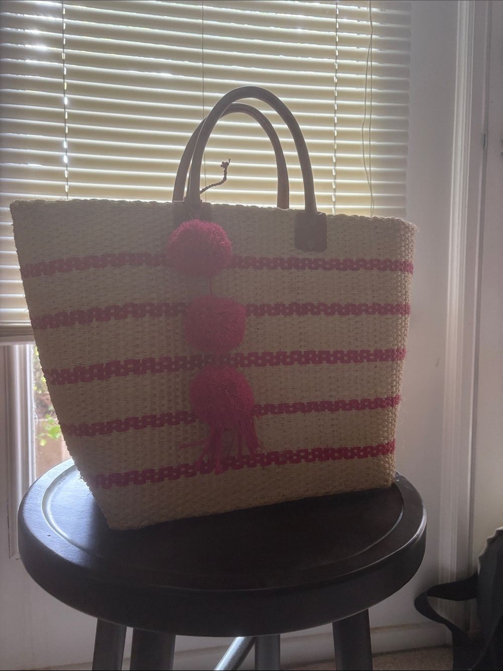 Mar y Sol Woven Straw Tote with Pink Stripe and Pom-Pom Accent